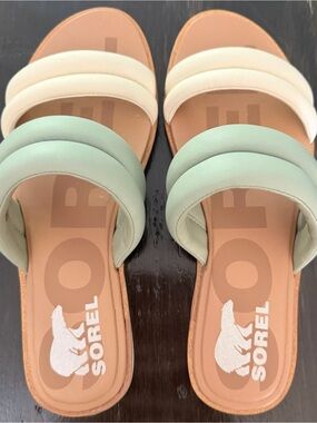 Sorel Women's Padded Slide Sandals in Mint and Cream